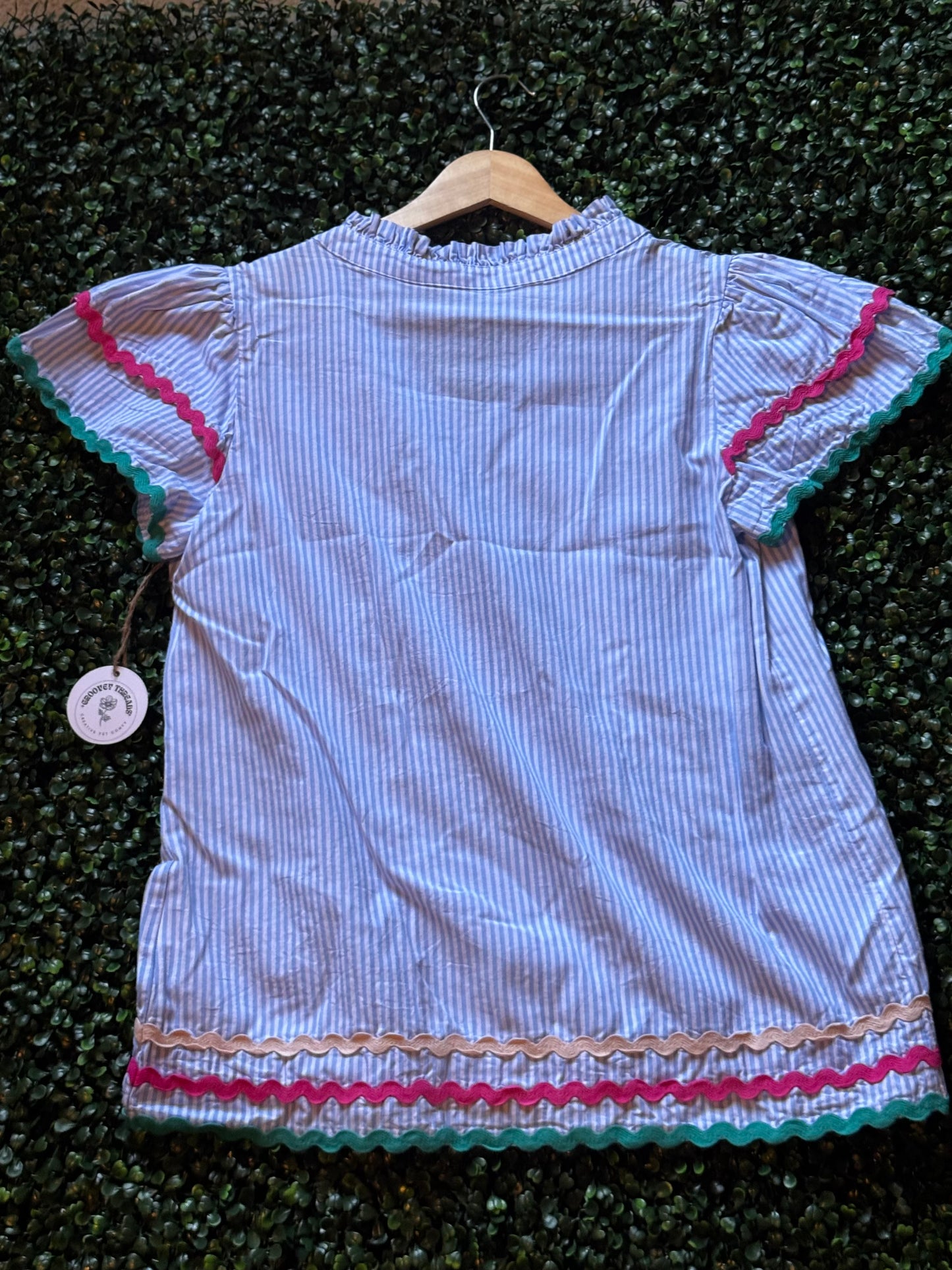 Light blue Stripe Quilted strawberries Blouse