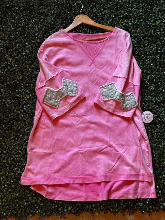 Strawberry Pink Quilted bow sleeve t-shirt L
