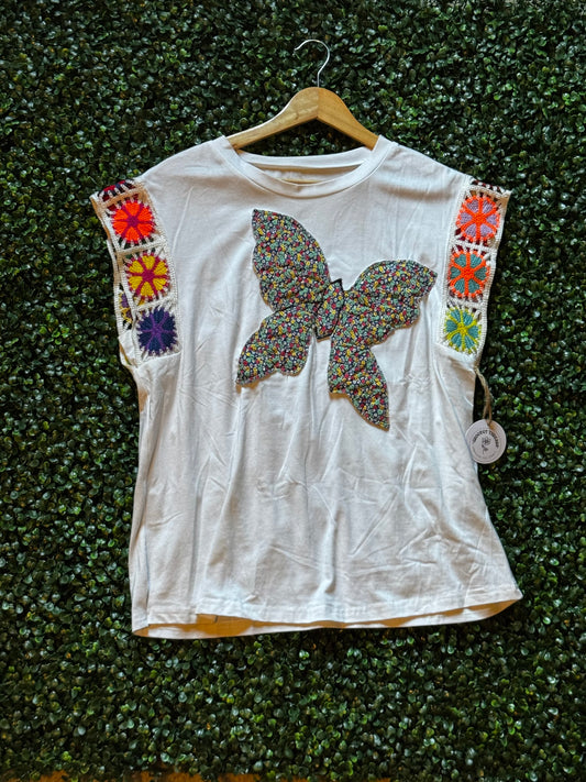 White Floral Quilted Butterfly top M