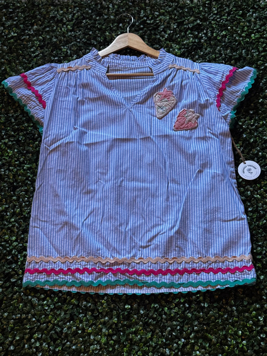 Light blue Stripe Quilted strawberries Blouse